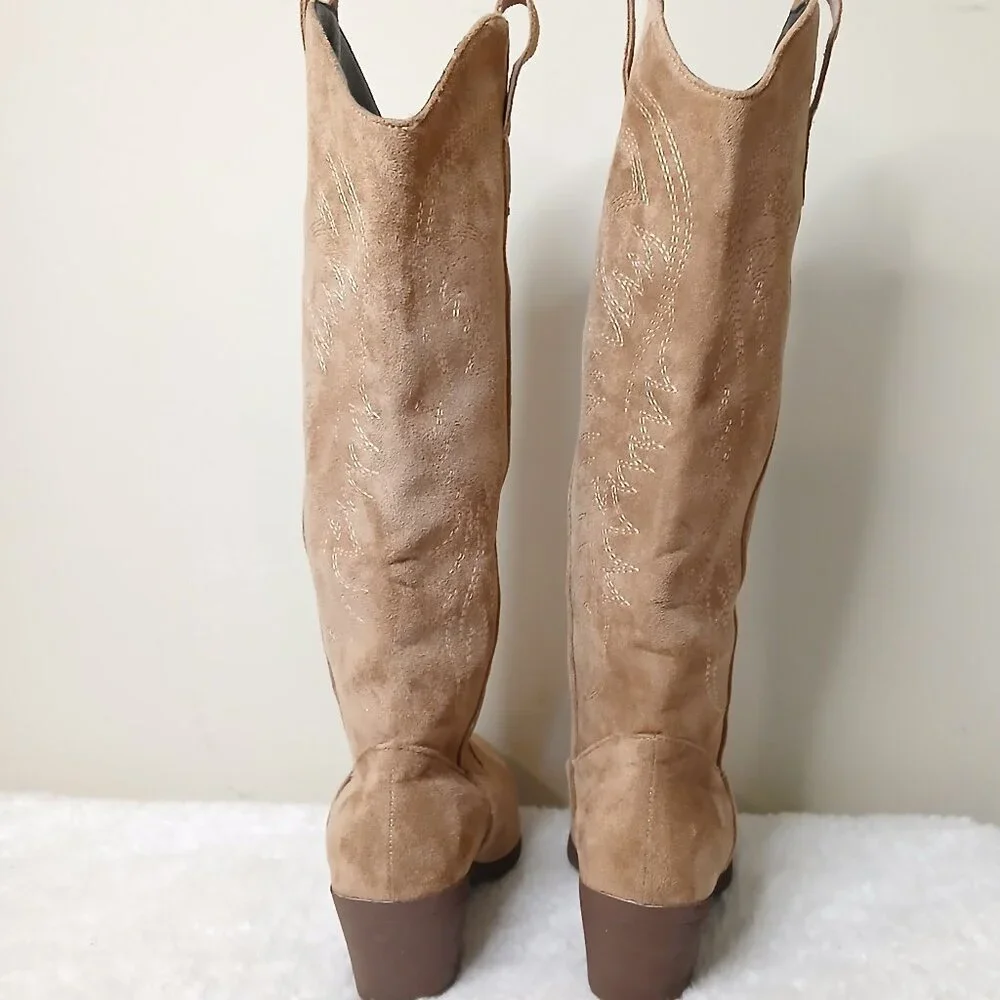 Faux Suede Western Inspired Pointed Toe Boots Tan Size EU 37/US 6.5 - Picture 3 of 8